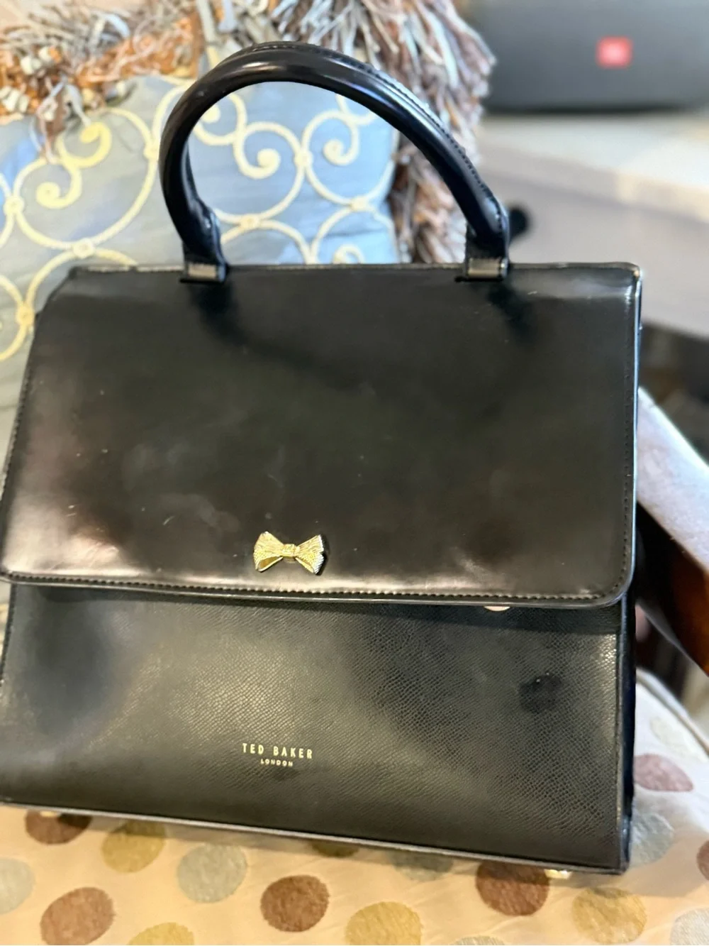 Ted Baker Black Structured Top-Handle Satchel with Gold Bow